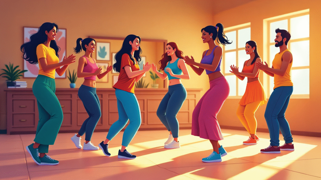 Group of young adults in colorful outfits enjoying a Bollywood dance class together – Bolly Dance Anthem.