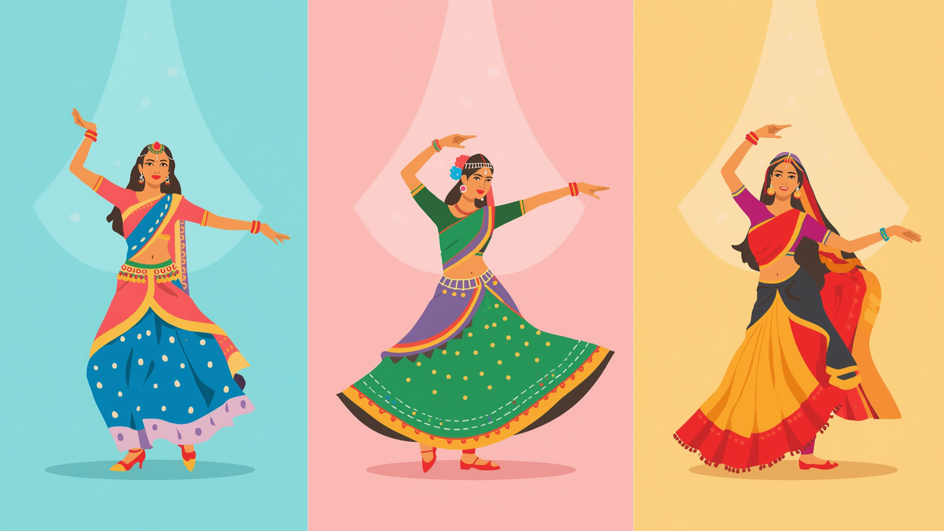 Illustration of three women in colorful traditional Indian outfits performing Bollywood dance poses, representing the energy and spirit of Bolly Dance Anthem.