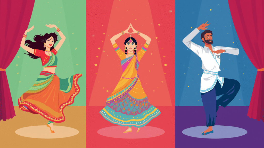 Illustration of three performers in colorful traditional outfits dancing on stage, representing the energy of Bolly Dance Anthem.