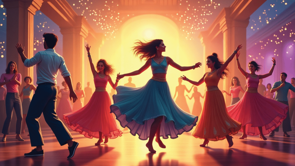 Dancers performing a joyful Bollywood dance at Bolly Dance Anthem in colorful traditional outfits under glowing lights.