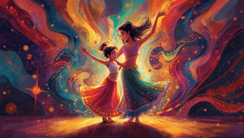 A mother and daughter dancing joyfully together, surrounded by vibrant colors, symbolizing how dance builds confidence in kids and adults.