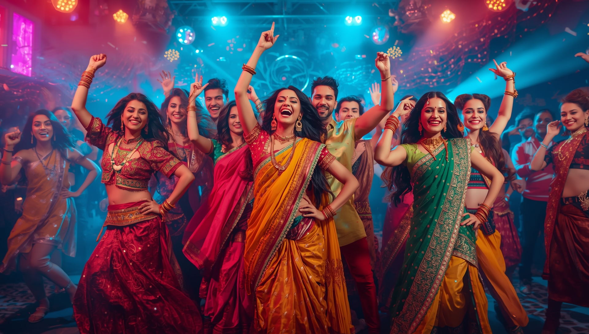 A vibrant Bollywood dance performance with men and women in colorful traditional outfits celebrating on stage with joy and energy.