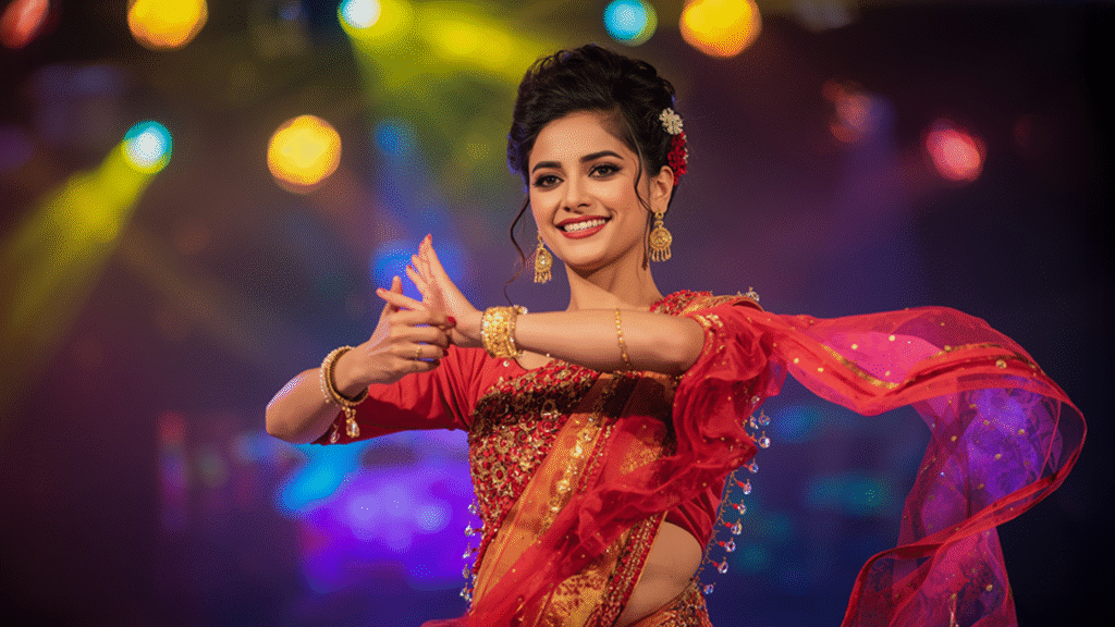 A smiling female dancer in a red saree performing an elegant Bollywood dance with expressive hand gestures on stage.