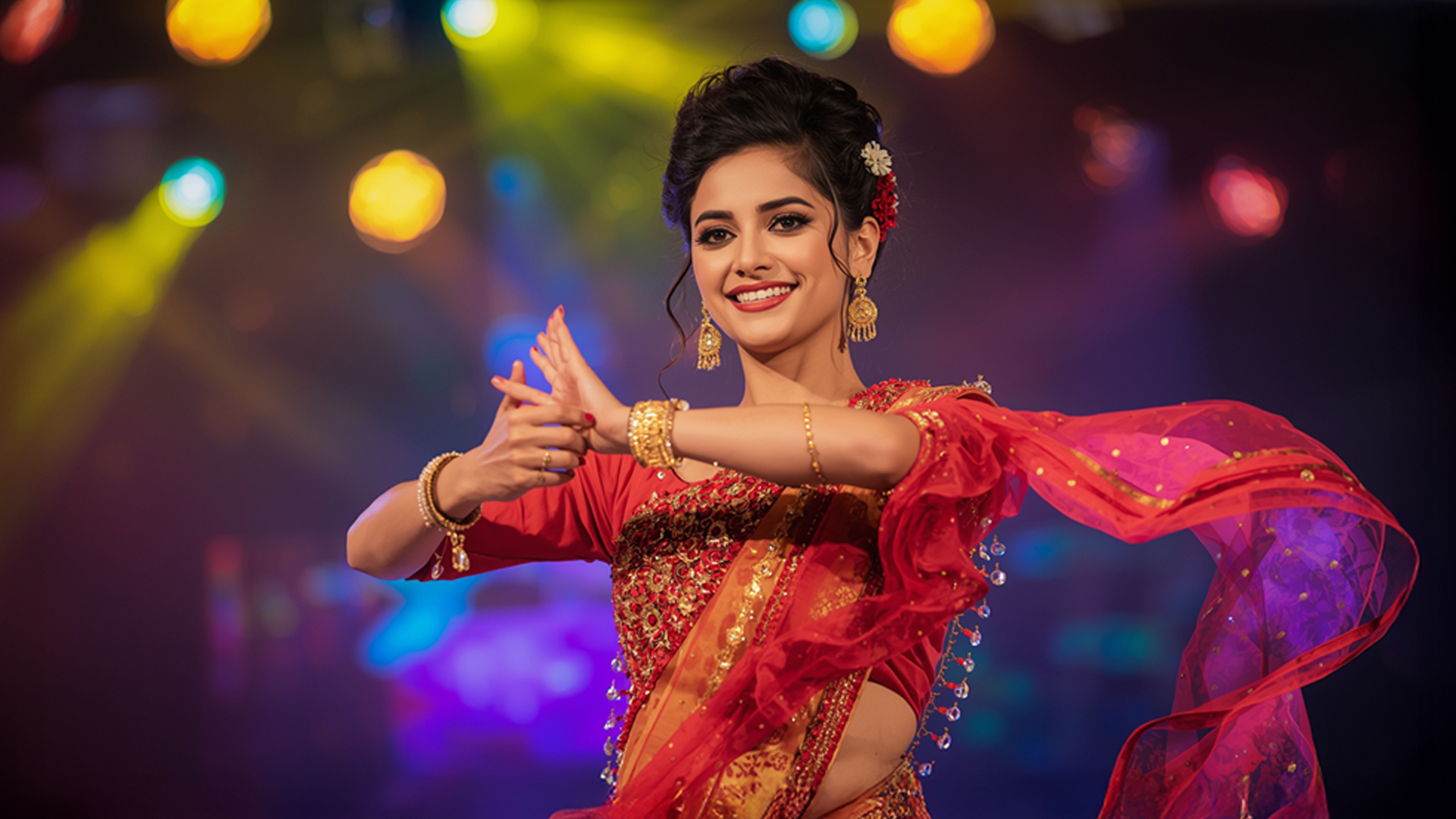 A smiling female dancer in a red saree performing an elegant Bollywood dance with expressive hand gestures on stage.